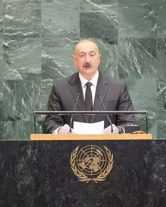 נשיא אזרבייג'ן אילהם אלייב נואם באו"ם, ספטמבר 2025 | גטי אימג'ס נשיא אזרבייג'ן אילהם אלייב נואם באו"ם, ספטמבר 2025 | גטי אימג'ס