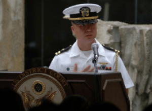 Then-Lt. Edward Lin speaking at a 2008 U.S. naturalization ceremony in Hawaii. US Navy Photo